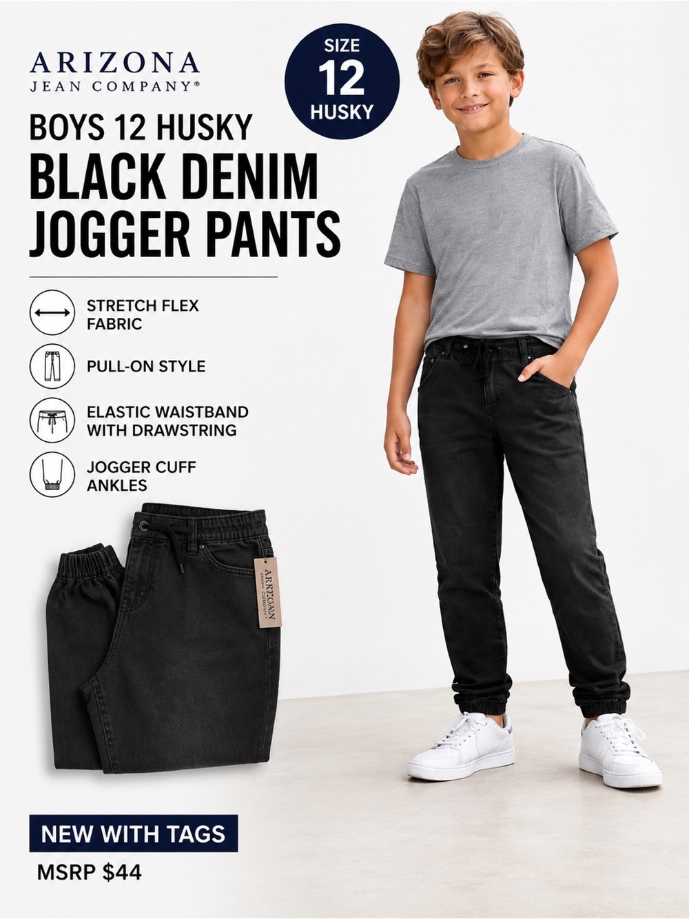 Arizona Boys 12 Husky Black Denim Jogger Pants NWT Stretch Flex Pull On